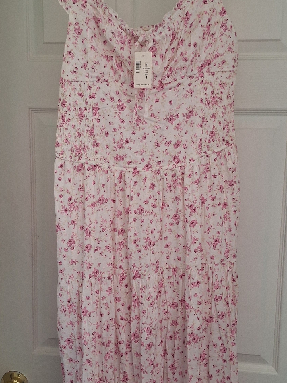 White Floral Tiered Maxi Dress with Pink Rose Print